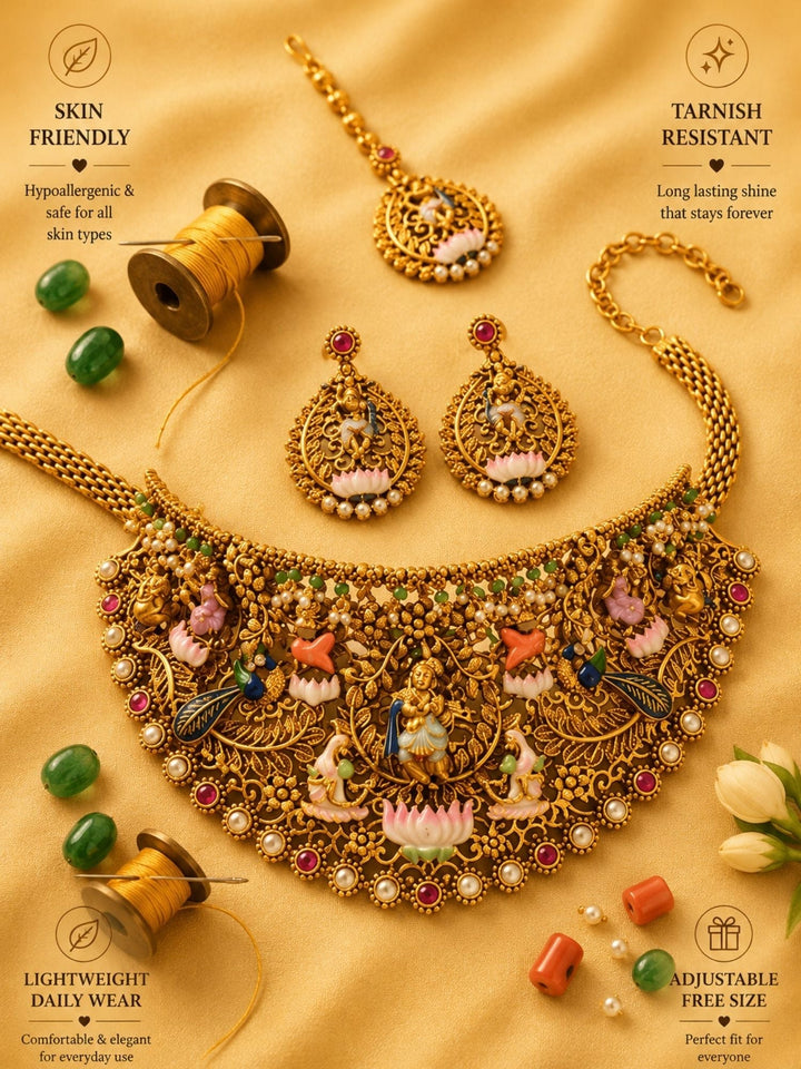 Royal Antique Gold Temple Jewelry Set with Intricate Choker, Maang Tikka & Earrings| SHOBITAM