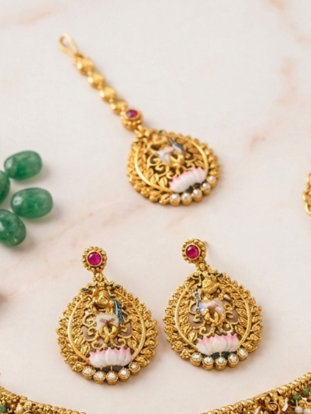 Royal Antique Gold Temple Jewelry Set with Intricate Choker, Maang Tikka & Earrings| SHOBITAM