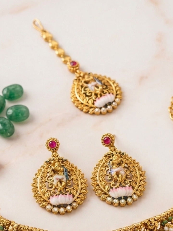 Royal Antique Gold Temple Jewelry Set with Intricate Choker, Maang Tikka & Earrings| SHOBITAM