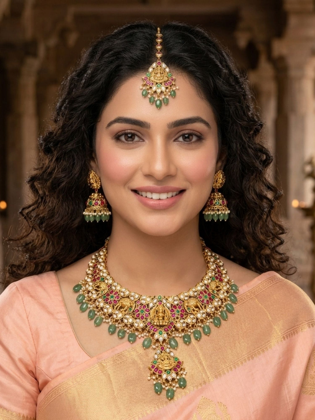 Gold Plated Kundan & Green Bead Bridal Jewelry Set | SHOBITAM