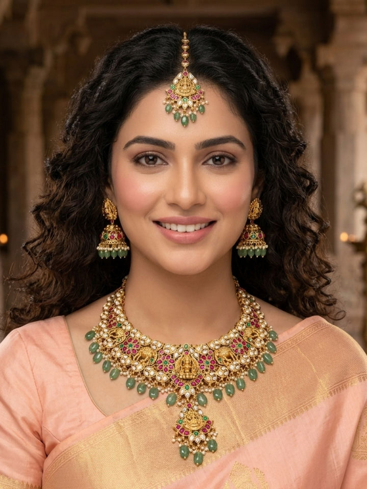 Gold Plated Kundan & Green Bead Bridal Jewelry Set | SHOBITAM