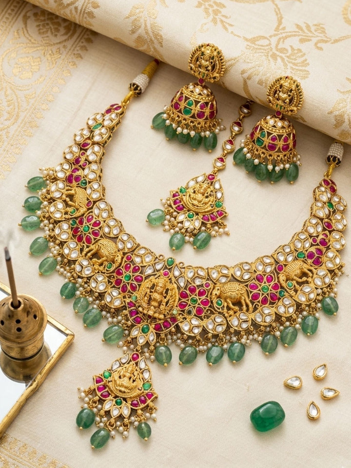 Gold Plated Kundan & Green Bead Bridal Jewelry Set | SHOBITAM