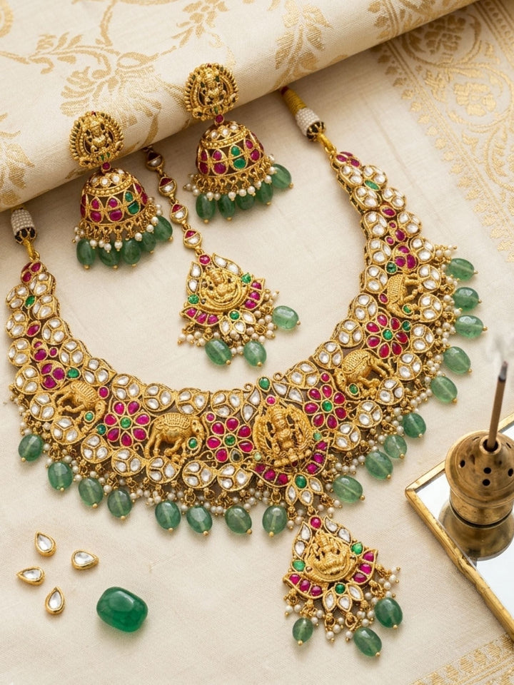 Gold Plated Kundan & Green Bead Bridal Jewelry Set | SHOBITAM