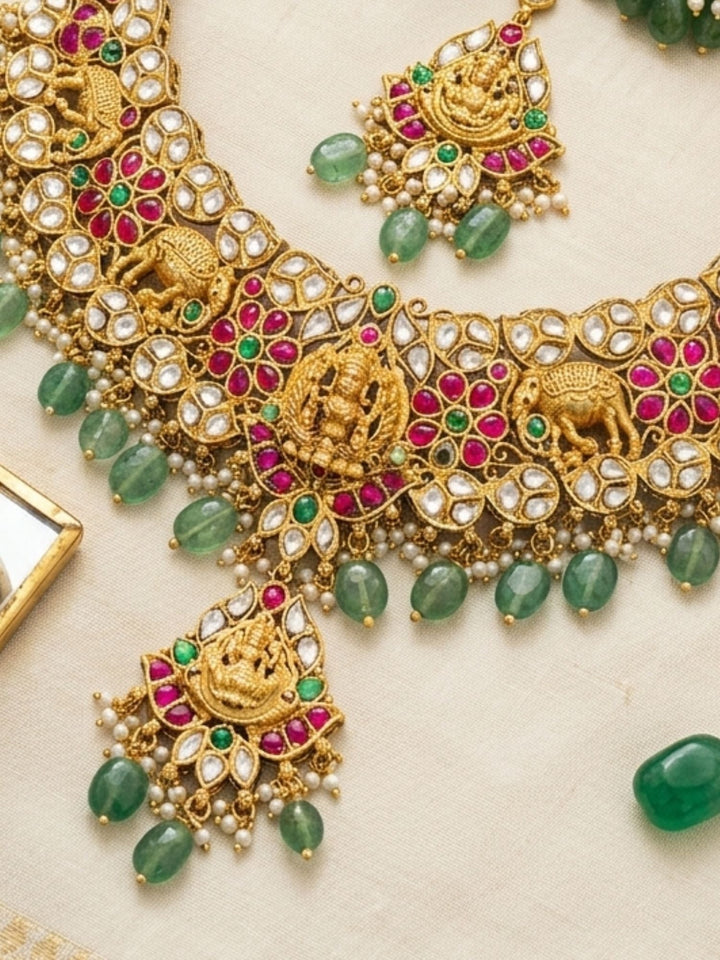 Gold Plated Kundan & Green Bead Bridal Jewelry Set | SHOBITAM