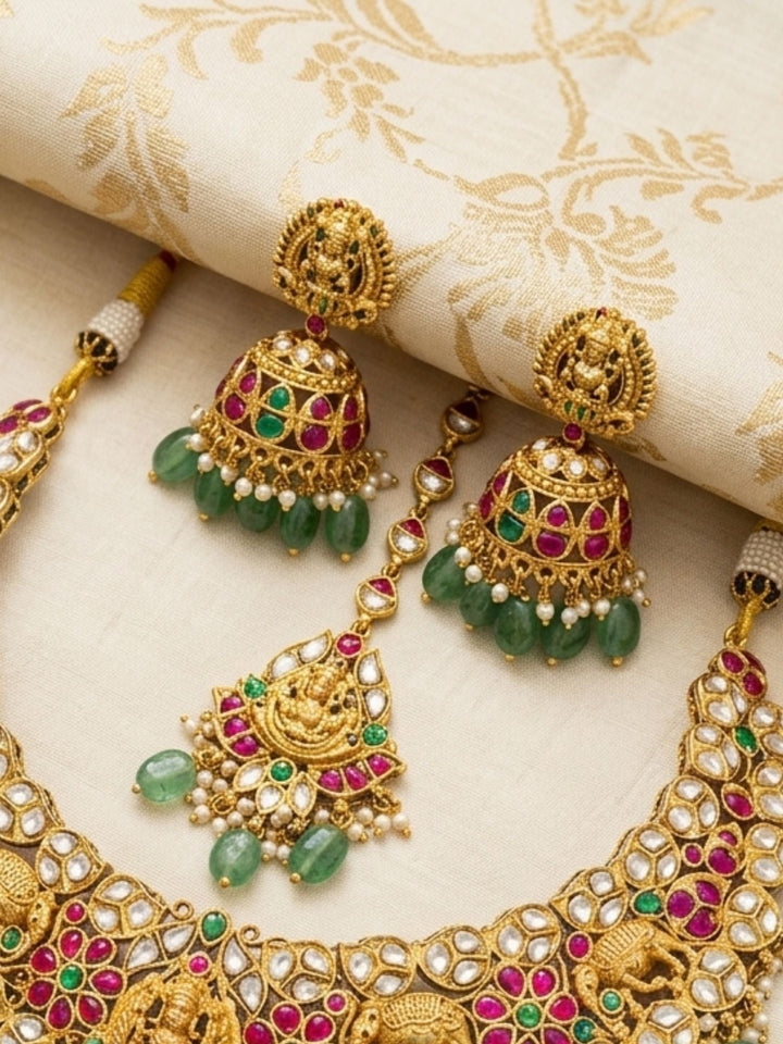 Gold Plated Kundan & Green Bead Bridal Jewelry Set | SHOBITAM