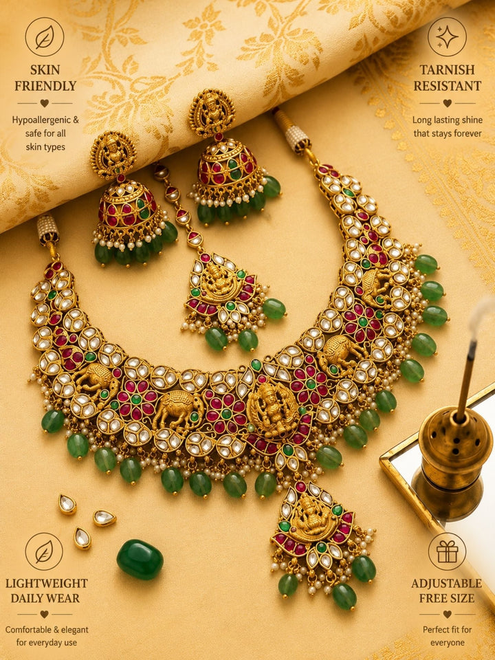 Gold Plated Kundan & Green Bead Bridal Jewelry Set | SHOBITAM