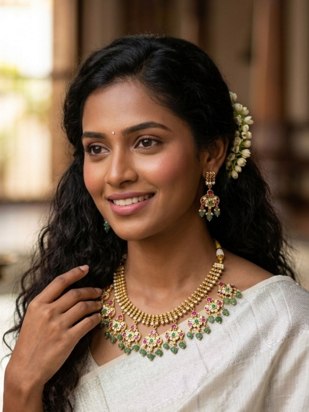 Emerald & Ruby Polki Choker Set with Jhumka Earrings | SHOBITAM