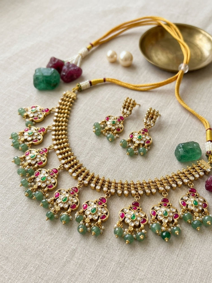 Emerald & Ruby Polki Choker Set with Jhumka Earrings | SHOBITAM
