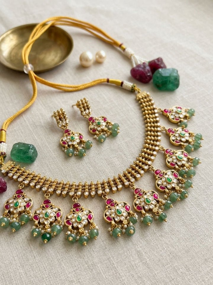 Emerald & Ruby Polki Choker Set with Jhumka Earrings | SHOBITAM