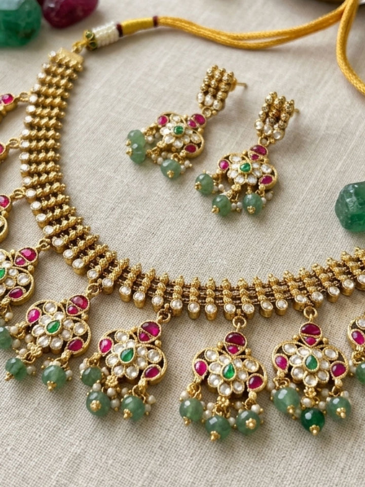 Emerald & Ruby Polki Choker Set with Jhumka Earrings | SHOBITAM