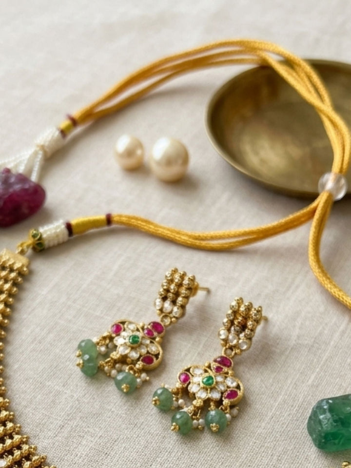 Emerald & Ruby Polki Choker Set with Jhumka Earrings | SHOBITAM