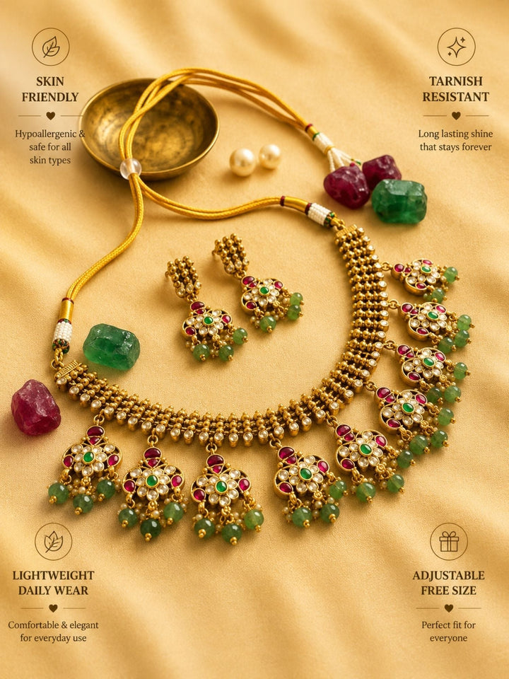 Emerald & Ruby Polki Choker Set with Jhumka Earrings | SHOBITAM