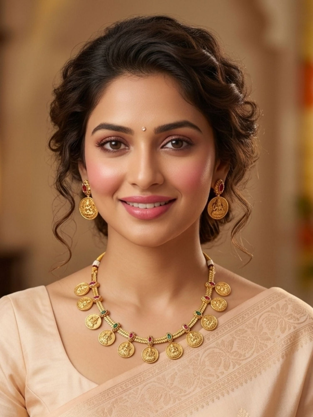 Lakshmi Coin Temple Necklace Set with Matching Earrings | Shobitam