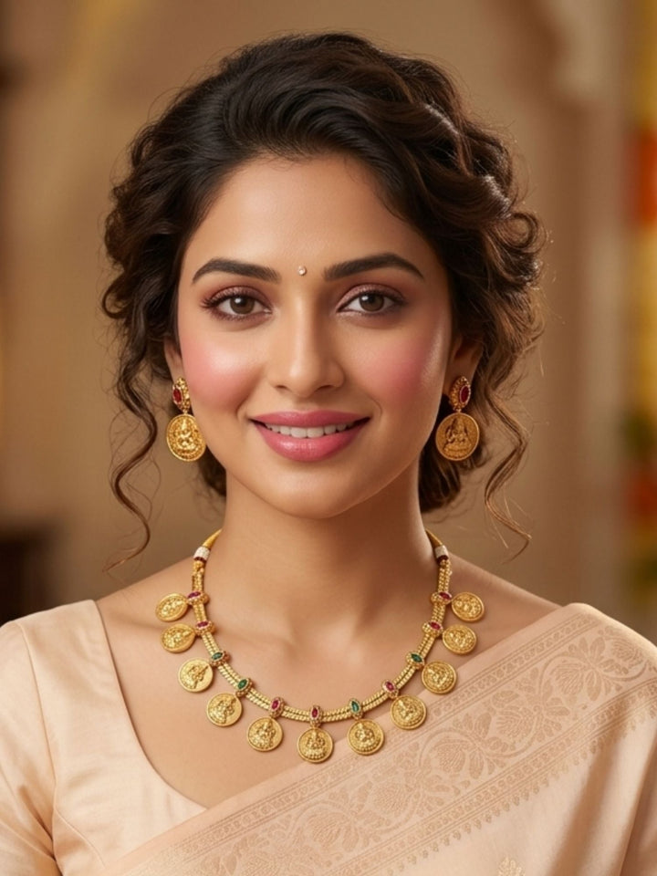 Lakshmi Coin Temple Necklace Set with Matching Earrings | Shobitam