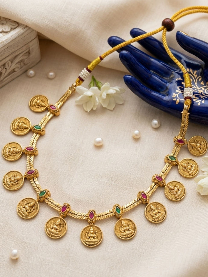 Lakshmi Coin Temple Necklace Set with Matching Earrings | Shobitam