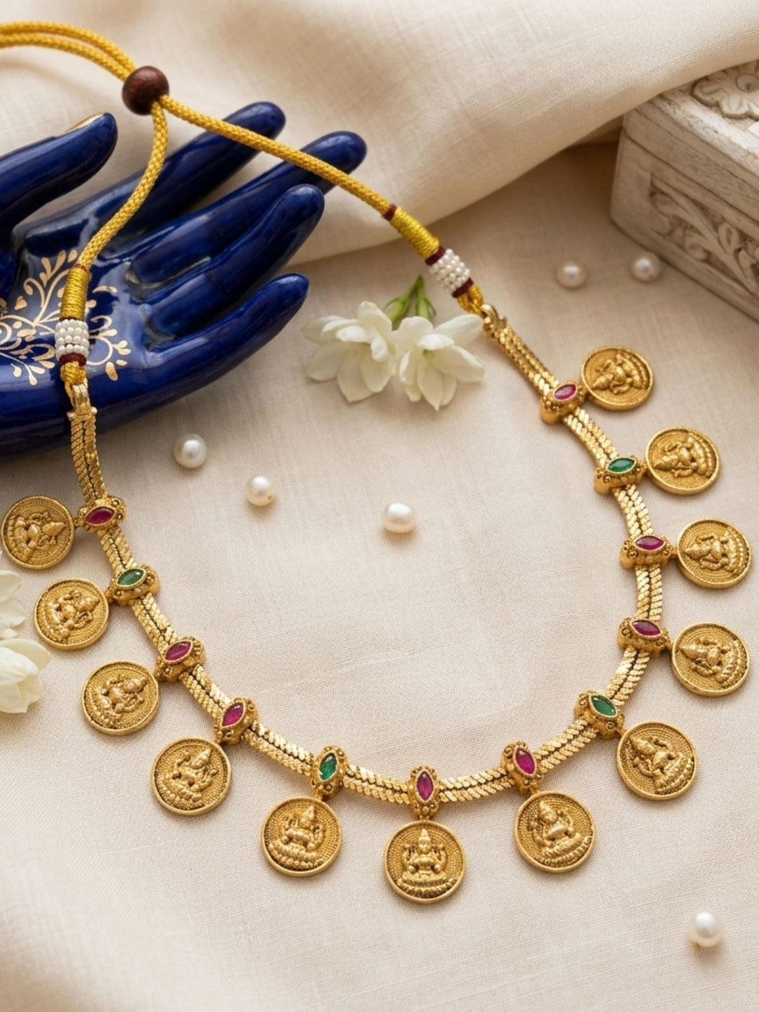 Lakshmi Coin Temple Necklace Set with Matching Earrings | Shobitam