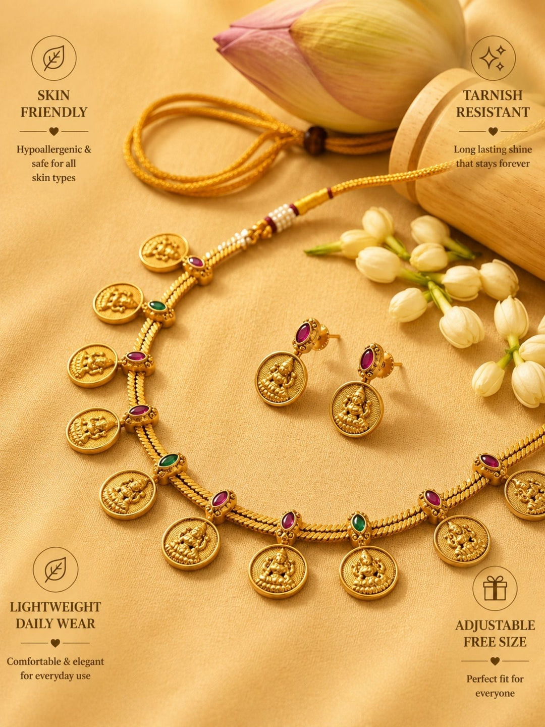 Lakshmi Coin Temple Necklace Set with Matching Earrings | Shobitam