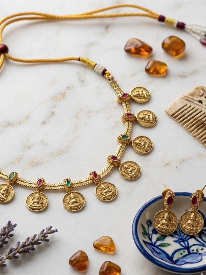 Lakshmi Coin Temple Necklace Set with Matching Earrings | Shobitam
