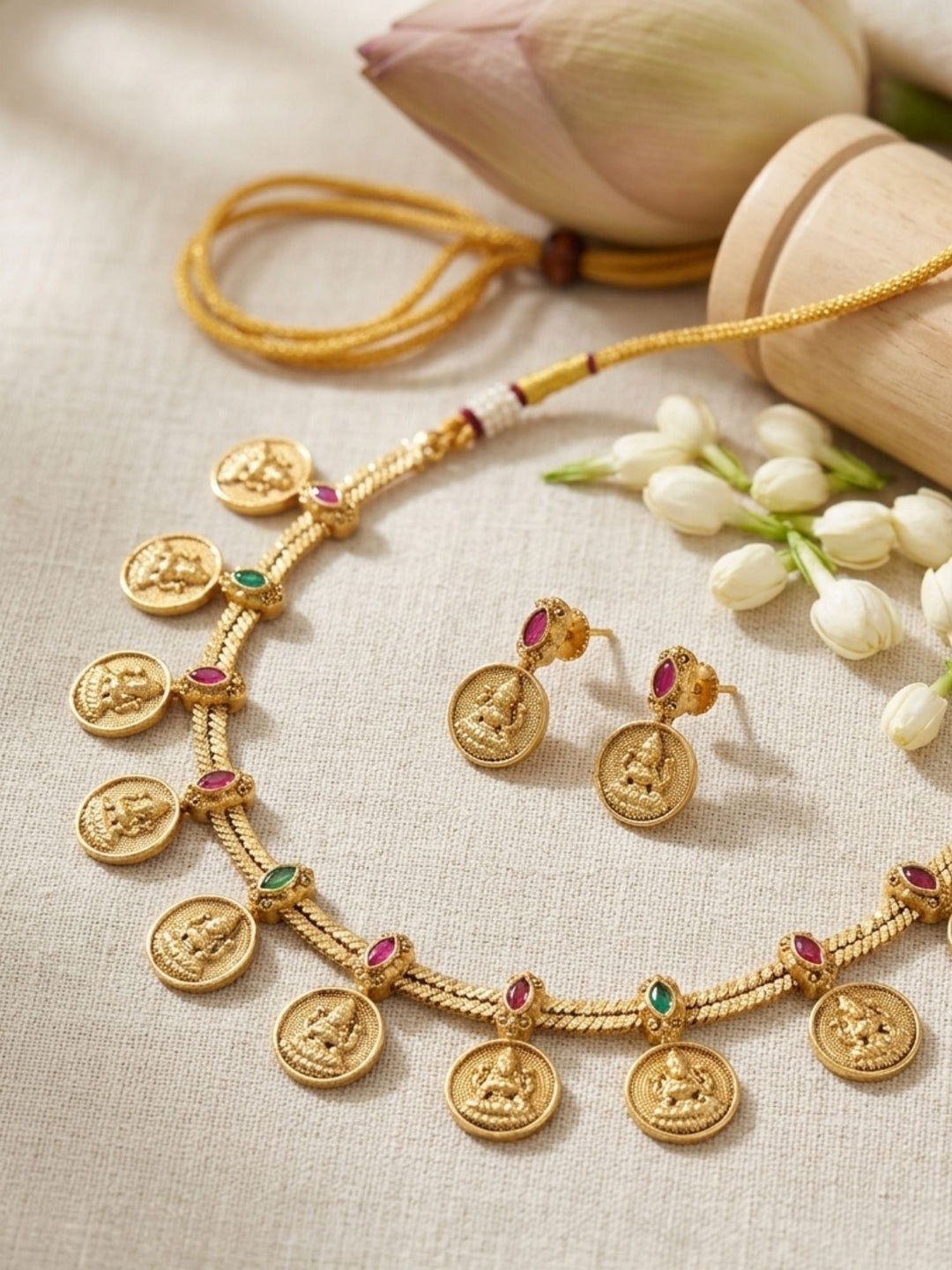 Lakshmi Coin Temple Necklace Set with Matching Earrings | Shobitam