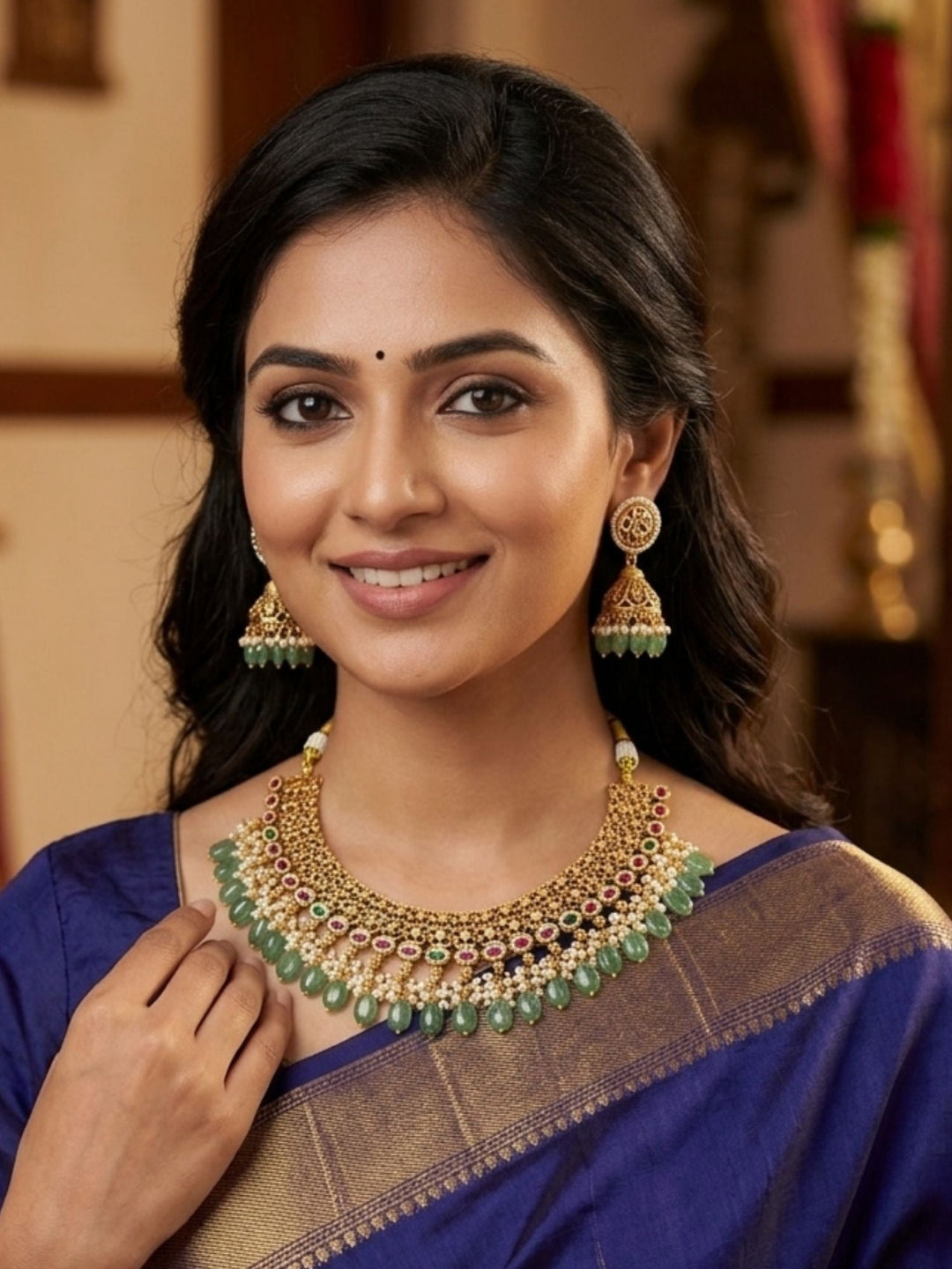 Royal Kundan Choker Set with Emerald Drops & Jhumka Earrings | SHOBITAM