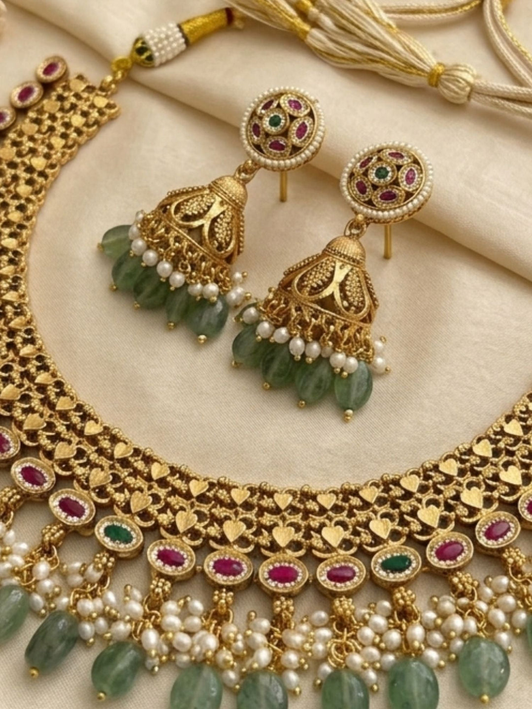 Royal Kundan Choker Set with Emerald Drops & Jhumka Earrings | SHOBITAM