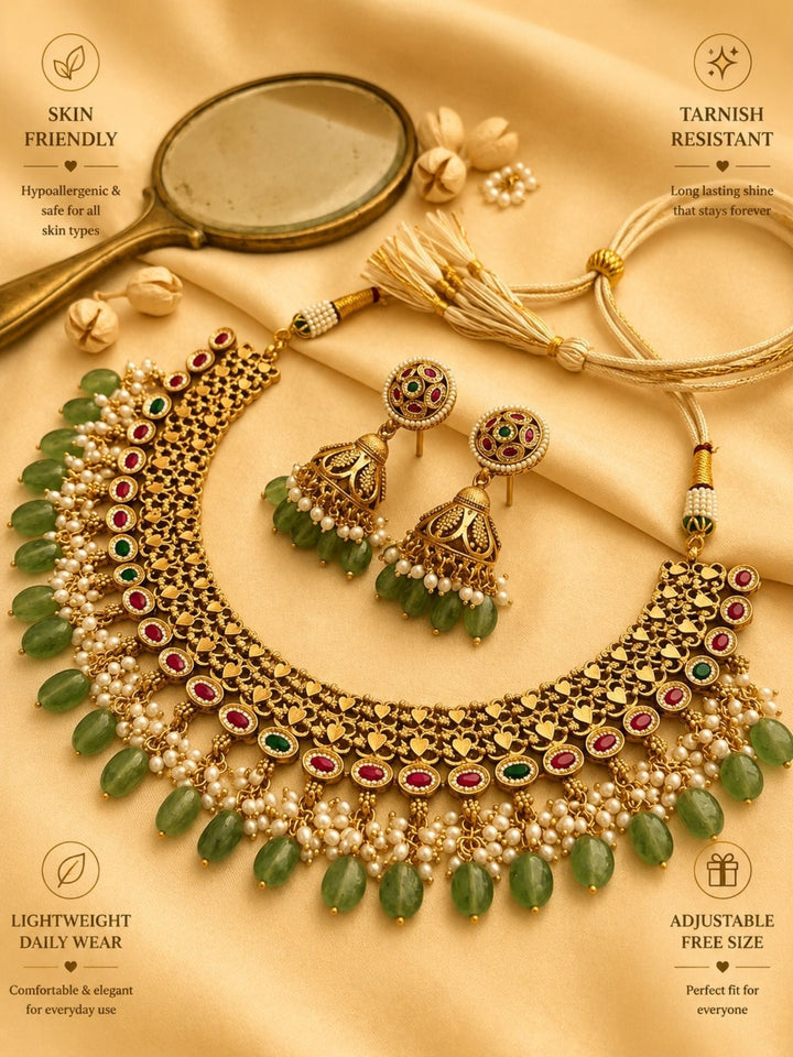 Royal Kundan Choker Set with Emerald Drops & Jhumka Earrings | SHOBITAM