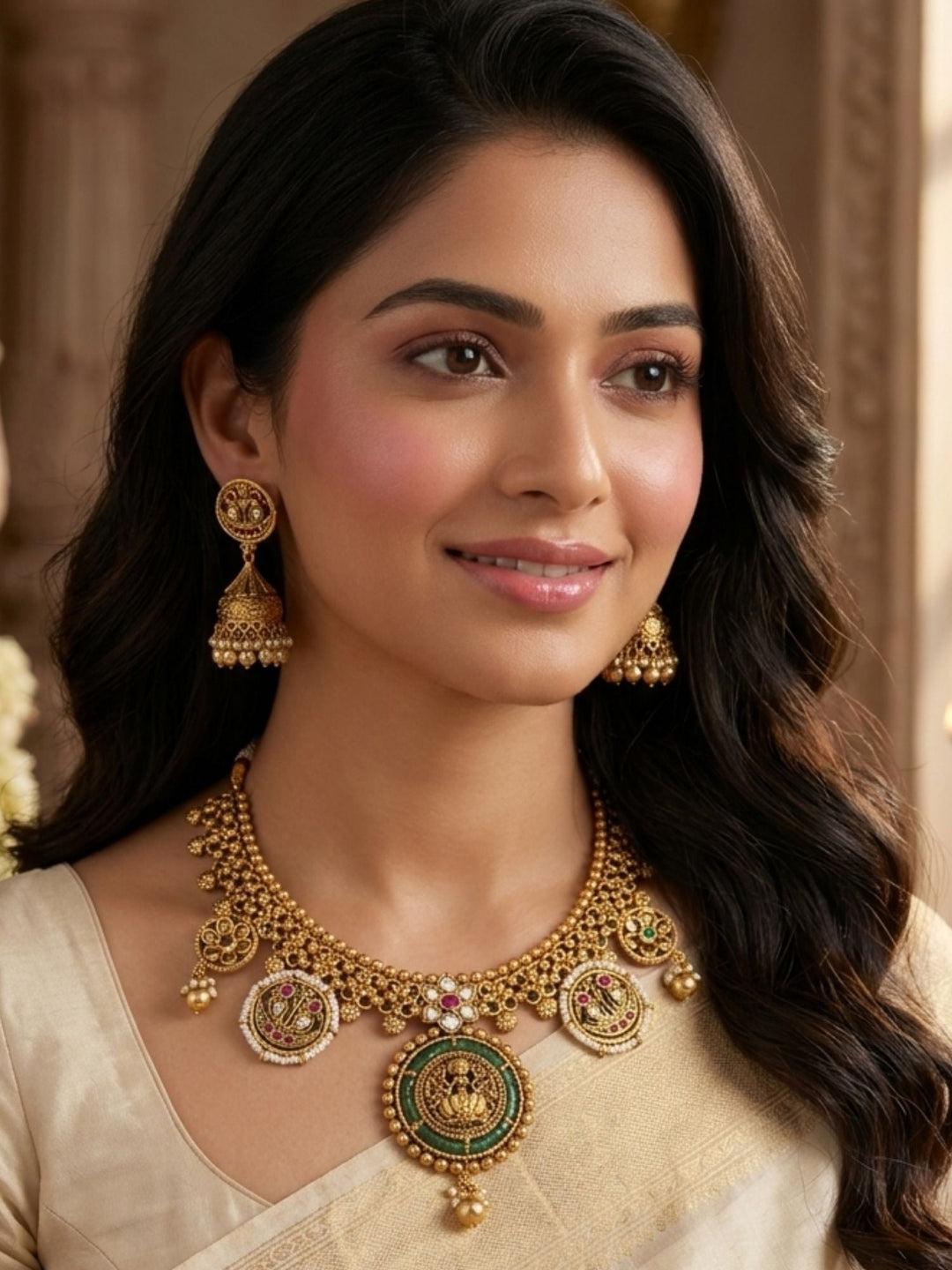 Lakshmi Temple Necklace Set with Antique Gold Finish & Jhumkas