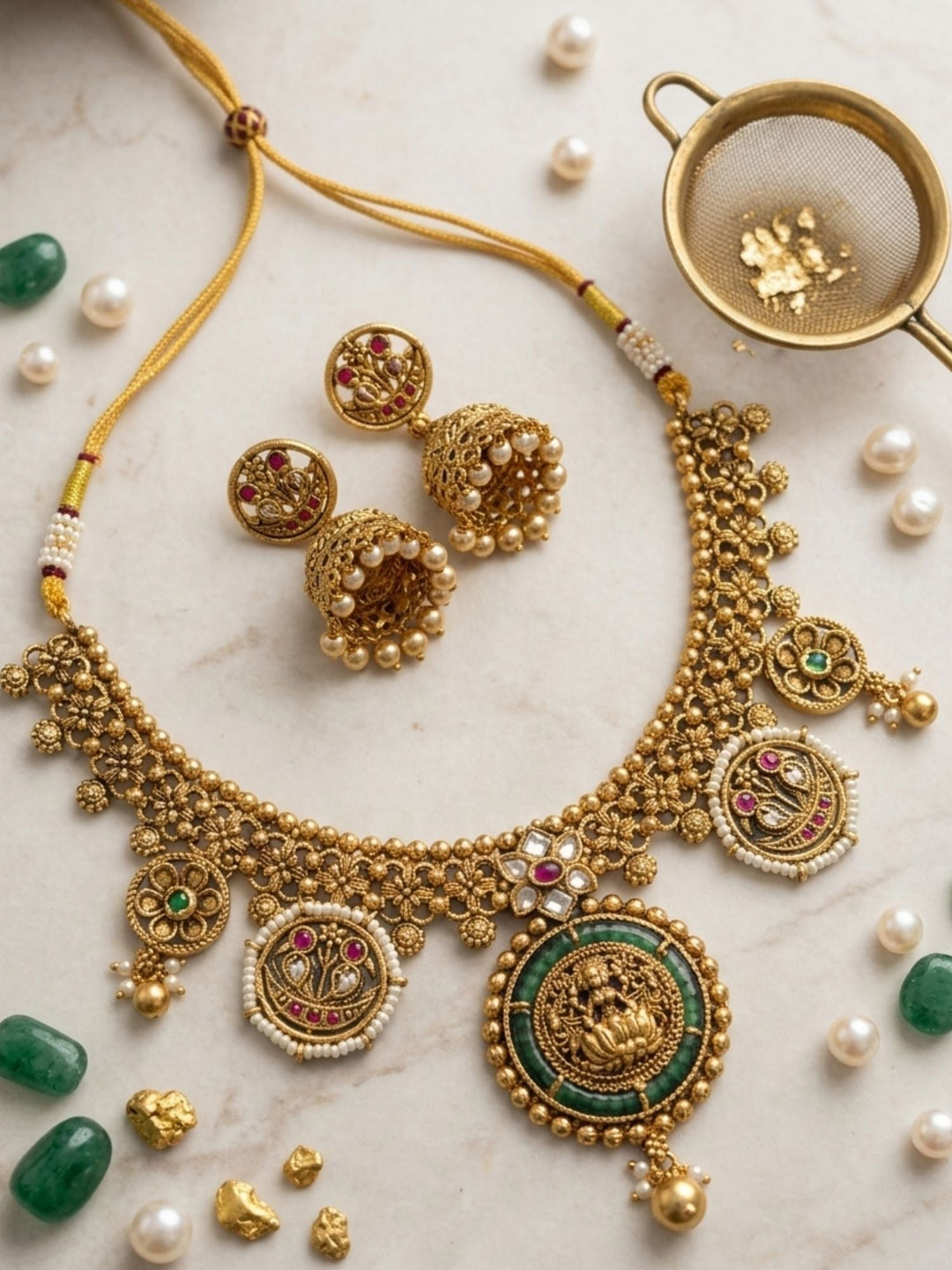 Lakshmi Temple Necklace Set with Antique Gold Finish & Jhumkas