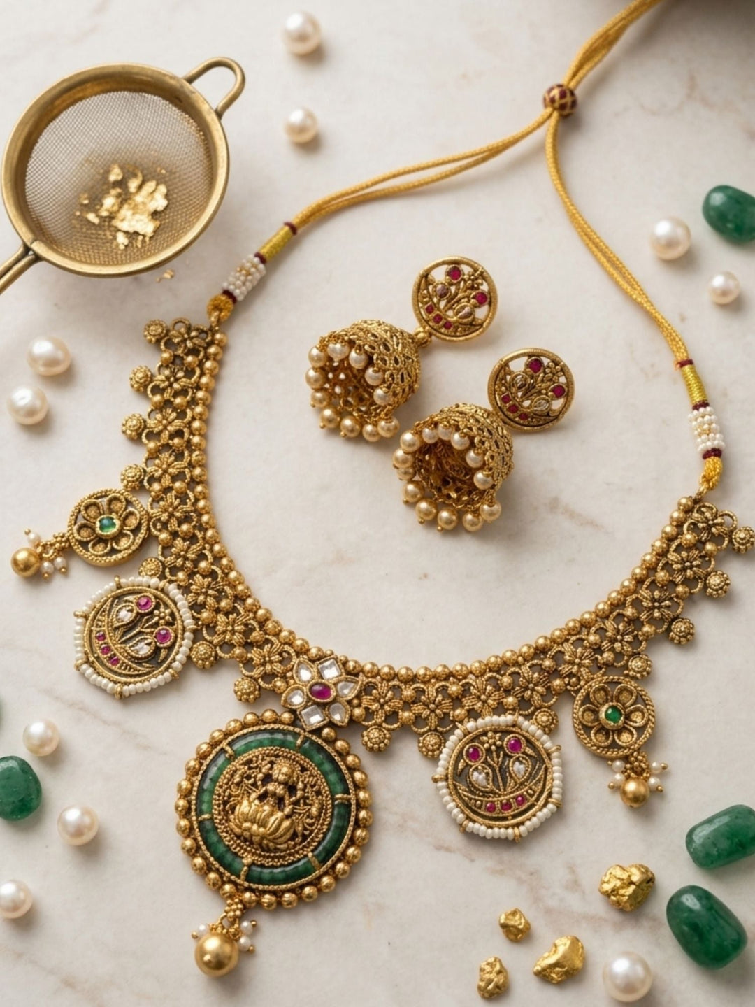 Lakshmi Temple Necklace Set with Antique Gold Finish & Jhumkas