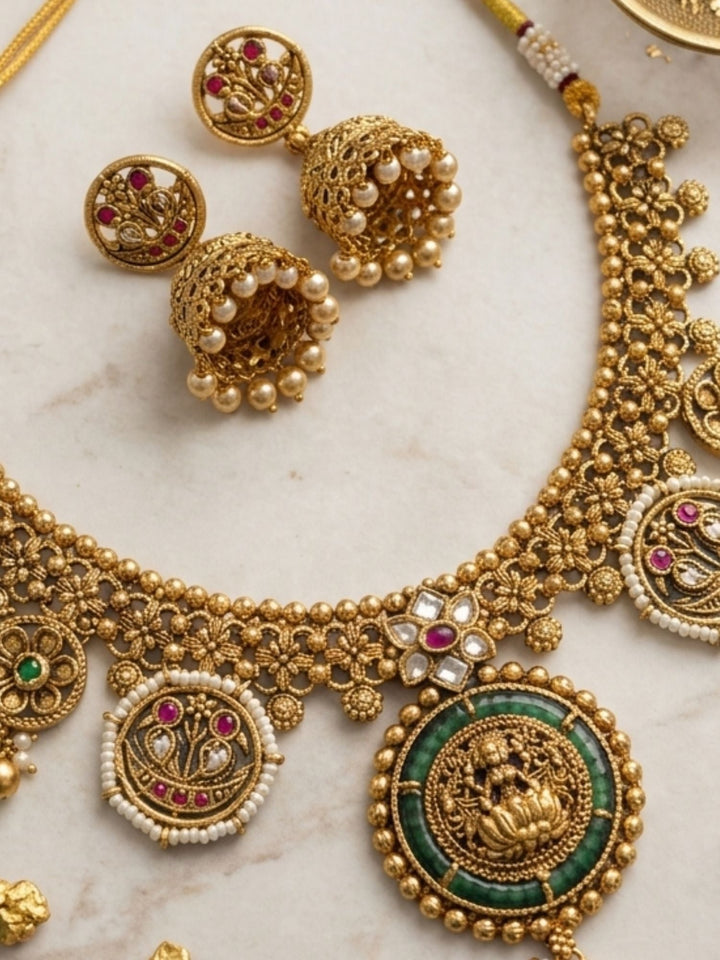 Lakshmi Temple Necklace Set with Antique Gold Finish & Jhumkas