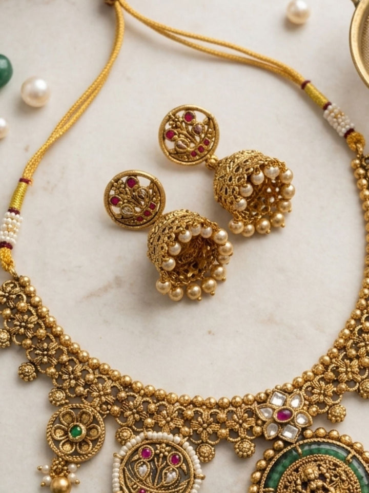 Lakshmi Temple Necklace Set with Antique Gold Finish & Jhumkas