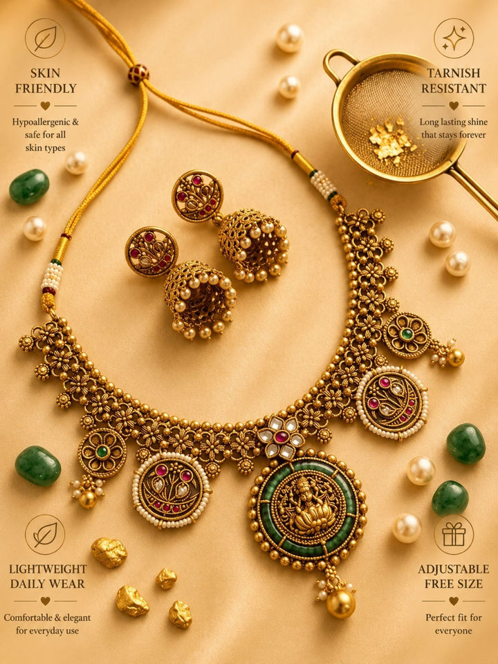 Lakshmi Temple Necklace Set with Antique Gold Finish & Jhumkas