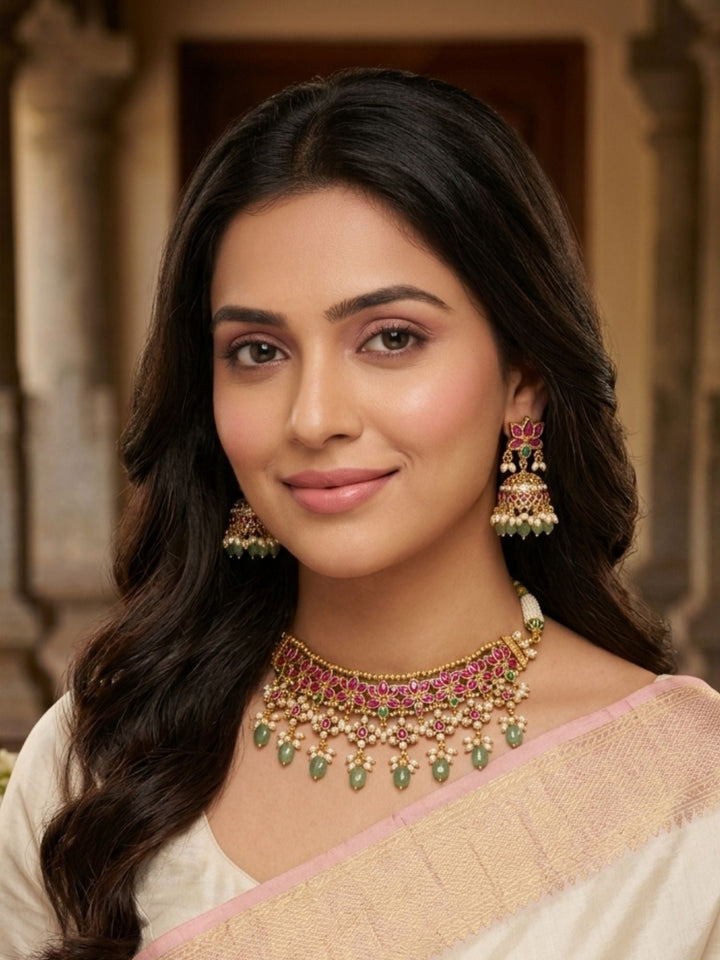 Elegant Ruby Kundan Choker Set with Emerald Drops & Jhumkas | SHOBITAM