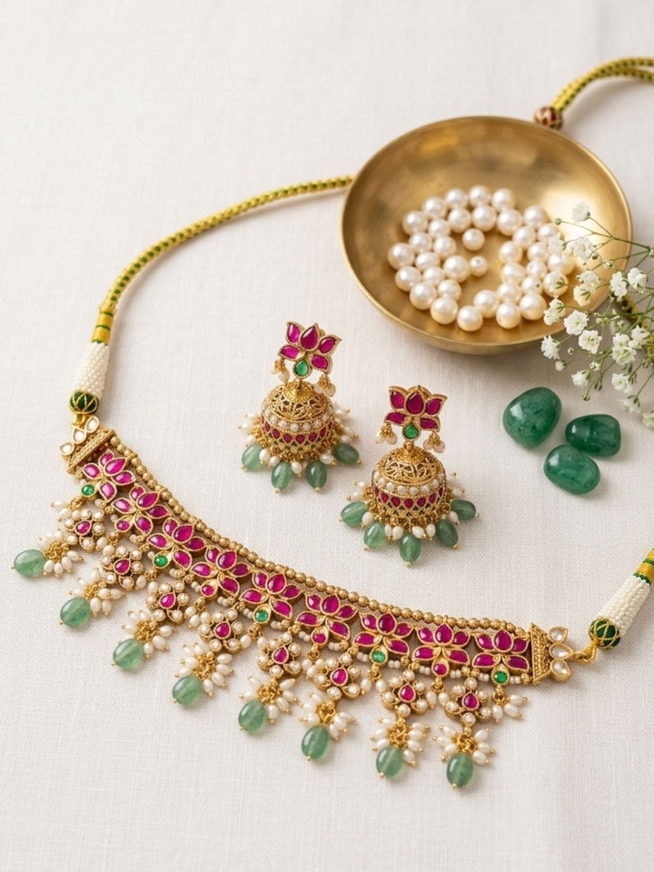 Elegant Ruby Kundan Choker Set with Emerald Drops & Jhumkas | SHOBITAM