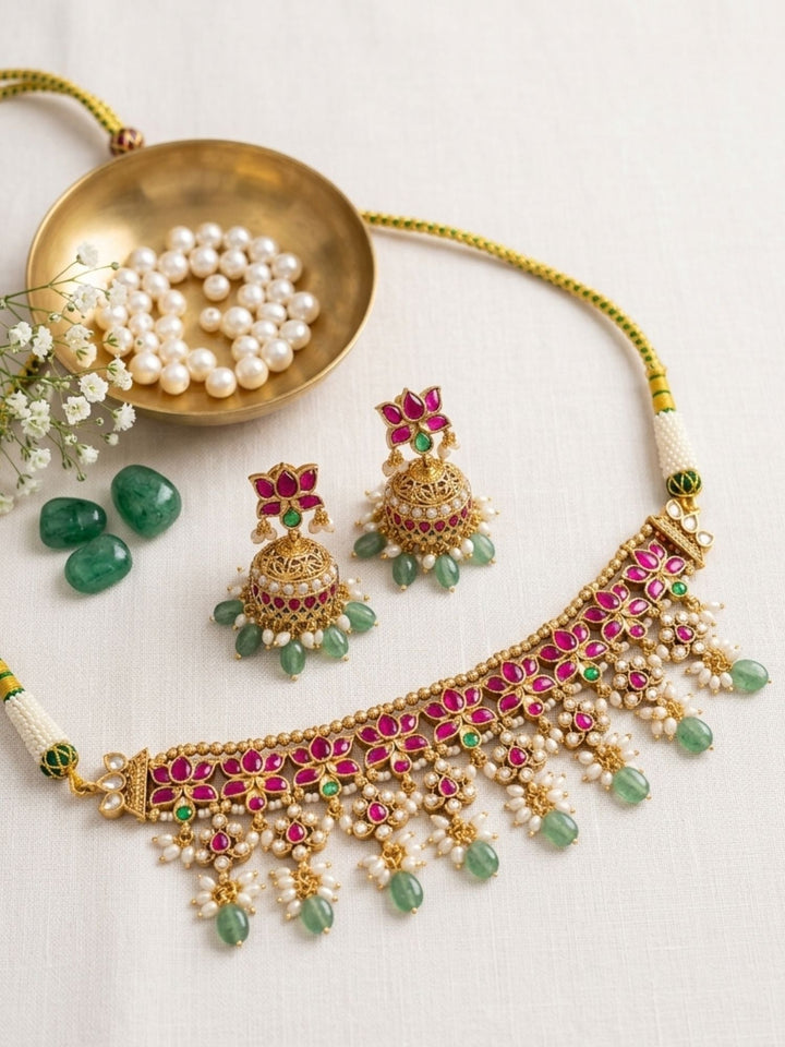 Elegant Ruby Kundan Choker Set with Emerald Drops & Jhumkas | SHOBITAM