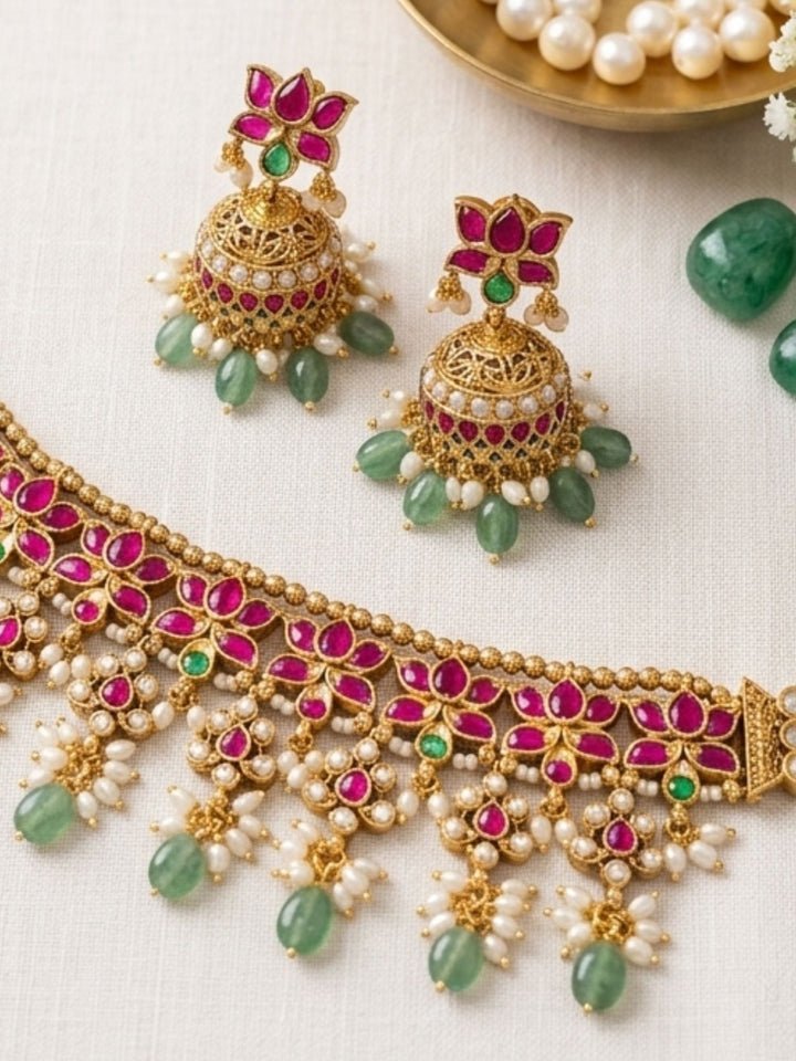 Elegant Ruby Kundan Choker Set with Emerald Drops & Jhumkas | SHOBITAM