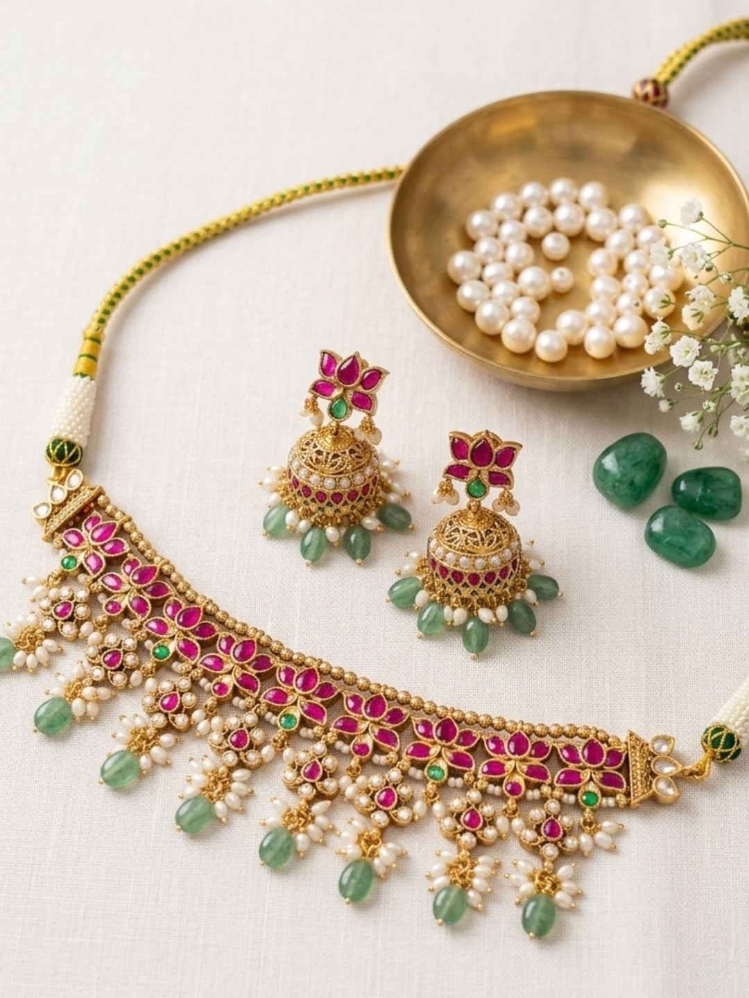 Elegant Ruby Kundan Choker Set with Emerald Drops & Jhumkas | SHOBITAM