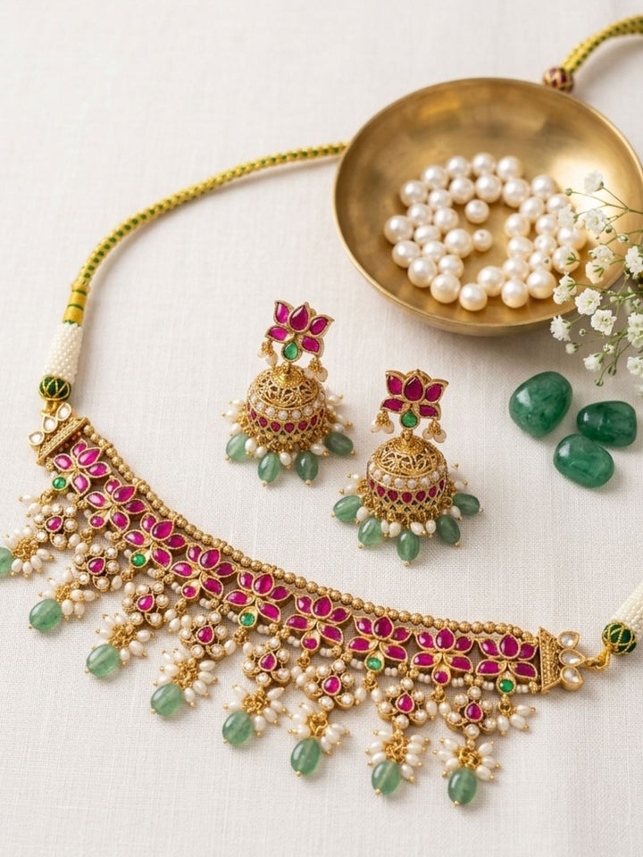 Elegant Ruby Kundan Choker Set with Emerald Drops & Jhumkas | SHOBITAM