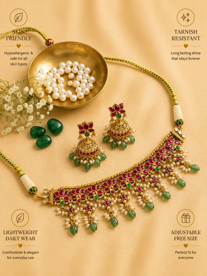 Elegant Ruby Kundan Choker Set with Emerald Drops & Jhumkas | SHOBITAM