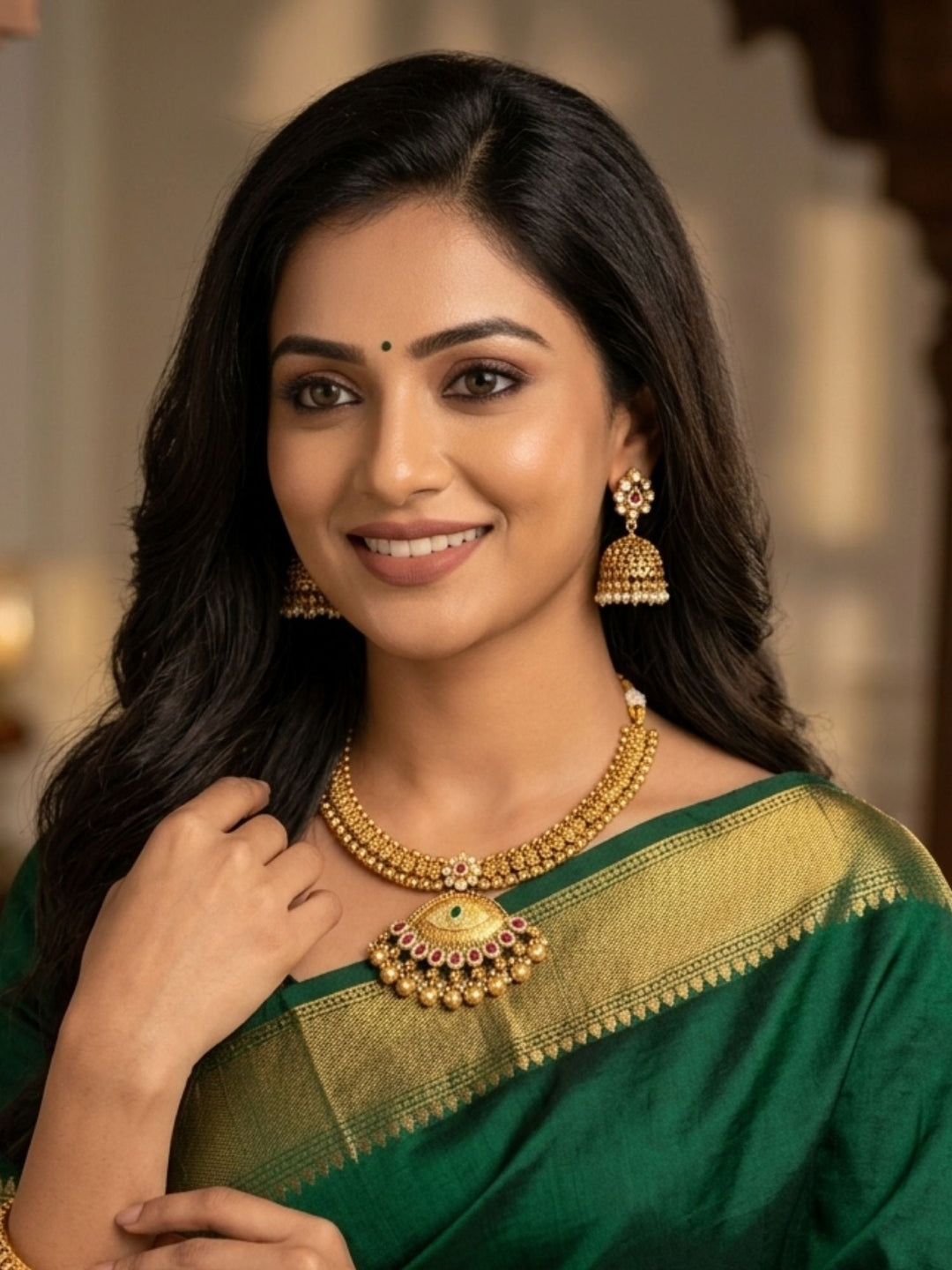 Royal Antique Gold Kundan Choker Set with Statement Pendant & Jhumkas | SHOBITAM