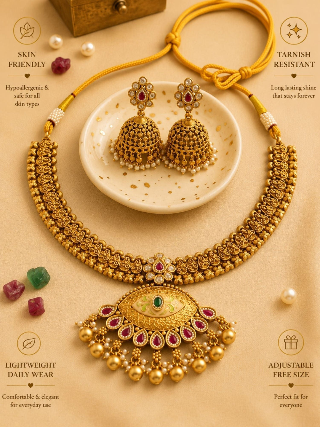 Royal Antique Gold Kundan Choker Set with Statement Pendant & Jhumkas | SHOBITAM