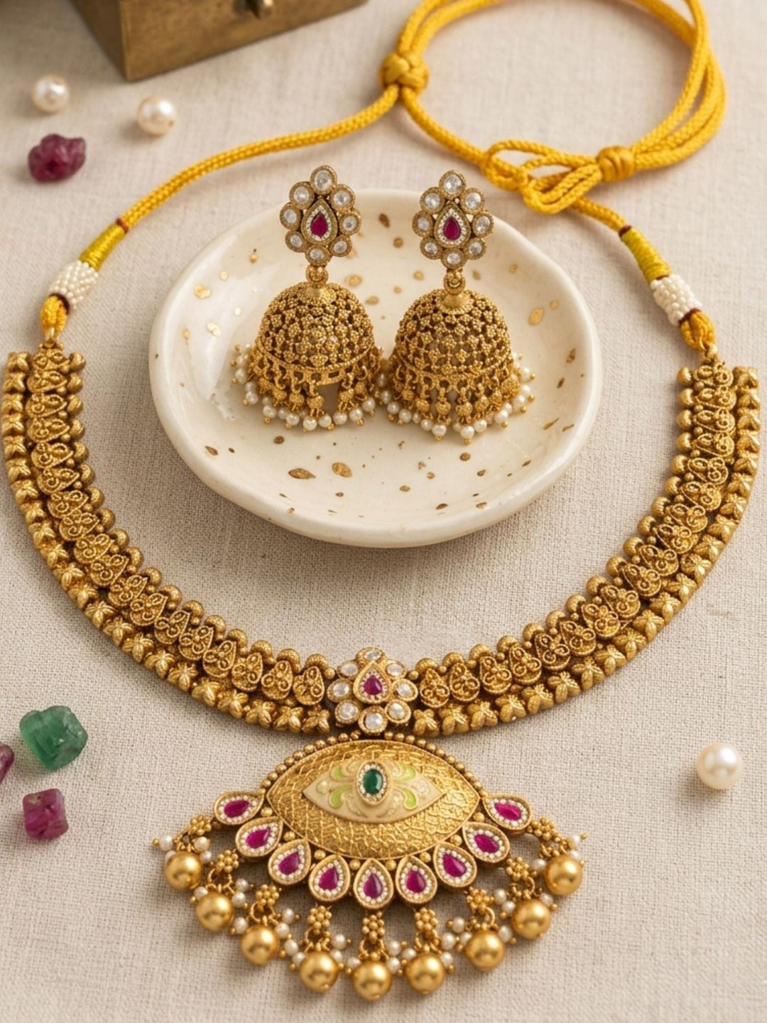 Royal Antique Gold Kundan Choker Set with Statement Pendant & Jhumkas | SHOBITAM
