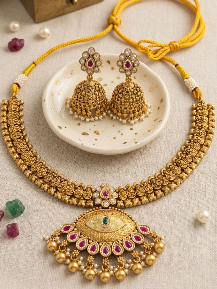 Royal Antique Gold Kundan Choker Set with Statement Pendant & Jhumkas | SHOBITAM