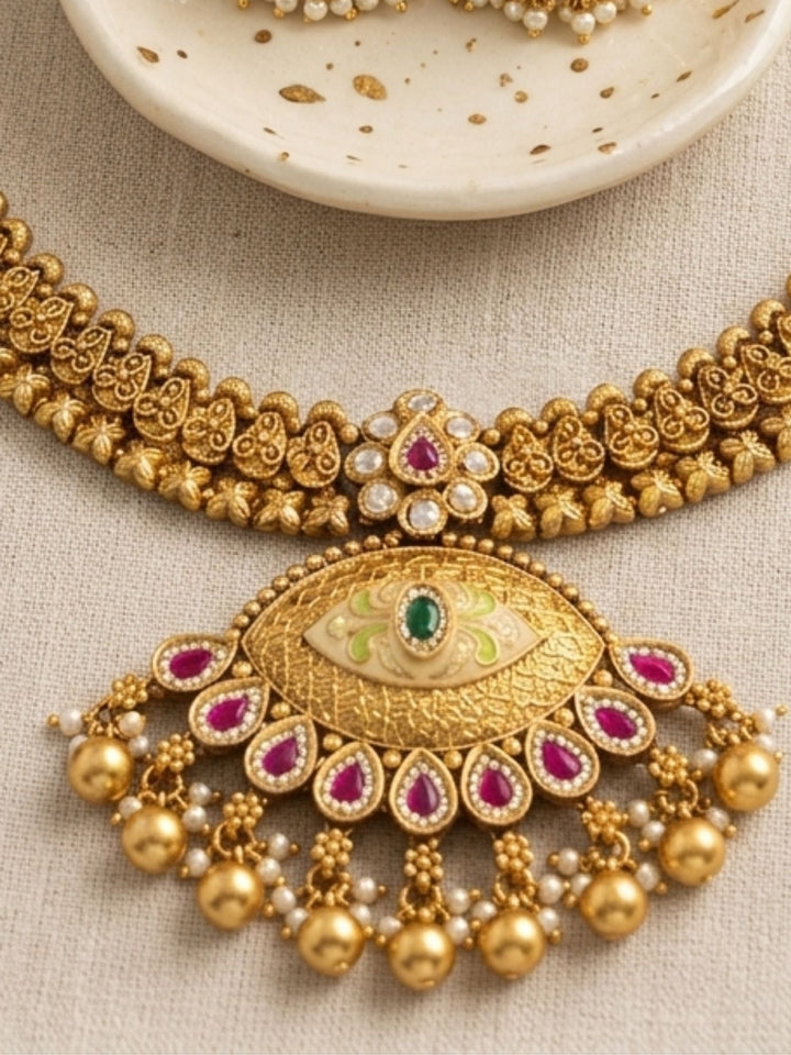 Royal Antique Gold Kundan Choker Set with Statement Pendant & Jhumkas | SHOBITAM