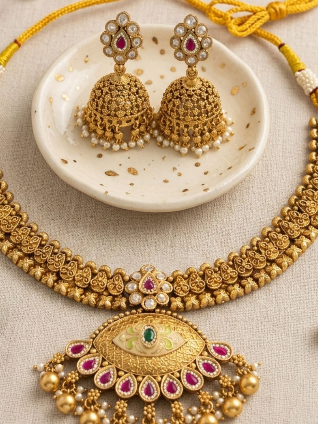 Royal Antique Gold Kundan Choker Set with Statement Pendant & Jhumkas | SHOBITAM
