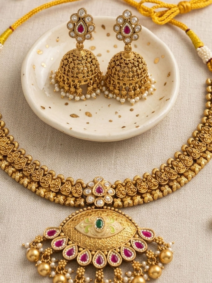 Royal Antique Gold Kundan Choker Set with Statement Pendant & Jhumkas | SHOBITAM