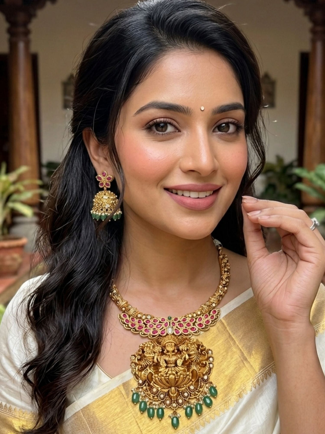 Lakshmi Temple Necklace Set with Antique Gold Finish & Green Drops
