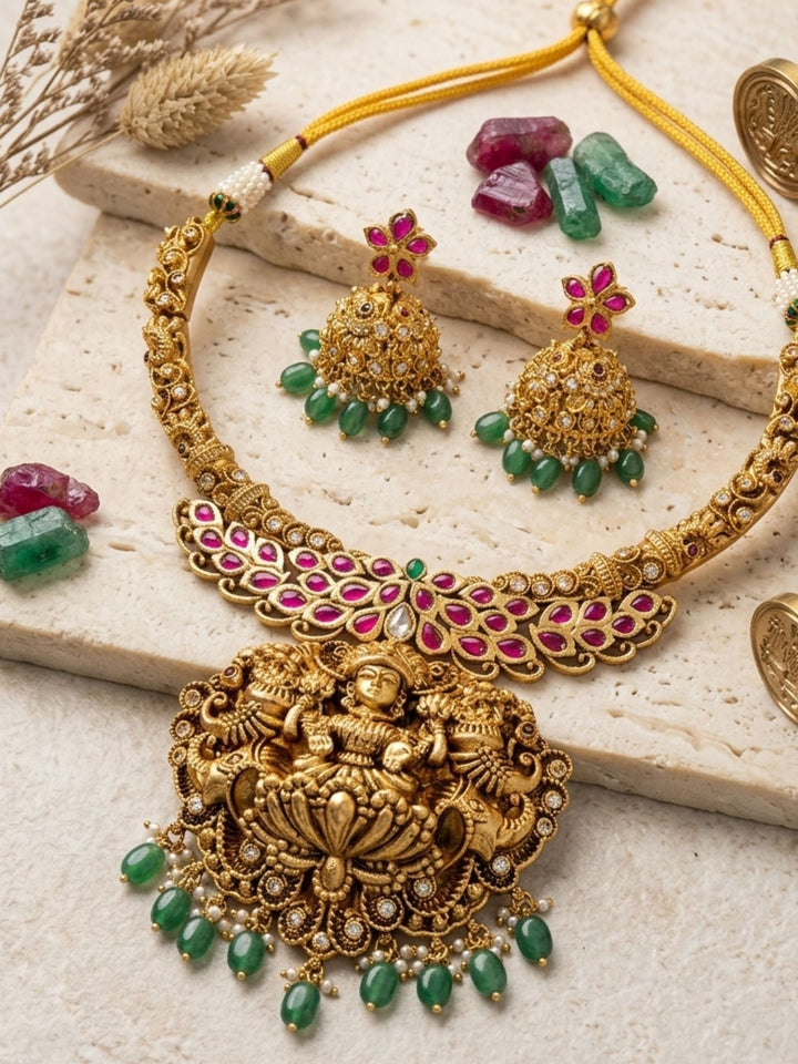 Lakshmi Temple Necklace Set with Antique Gold Finish & Green Drops