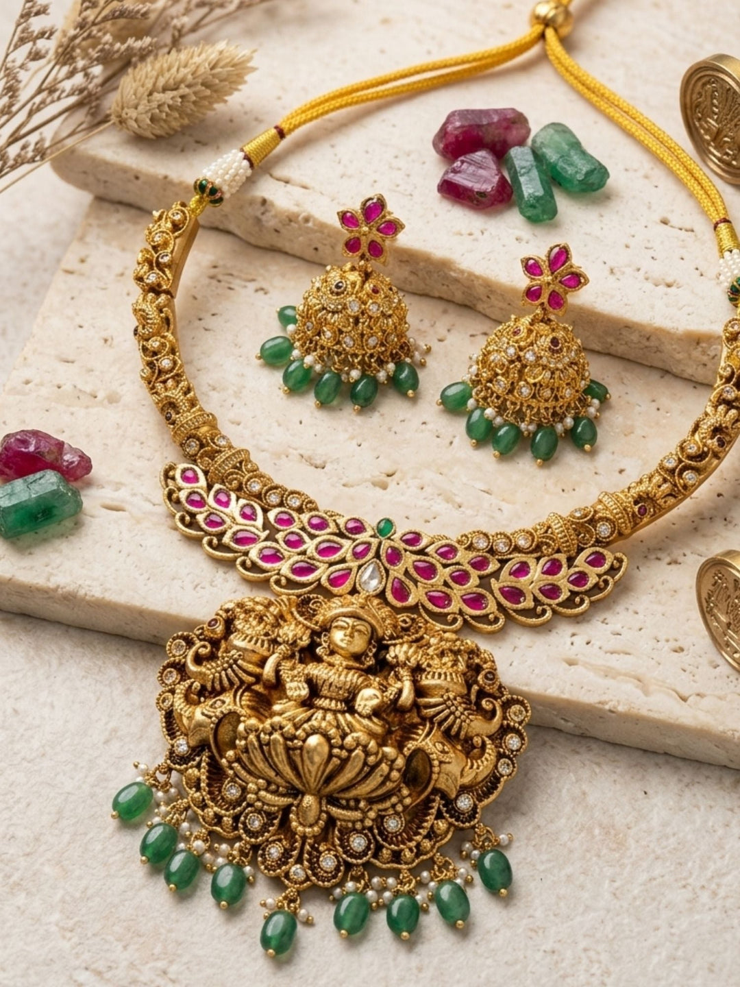 Royal Lakshmi Temple Necklace Set with Antique Gold Finish & Green Drops | SHOBITAM