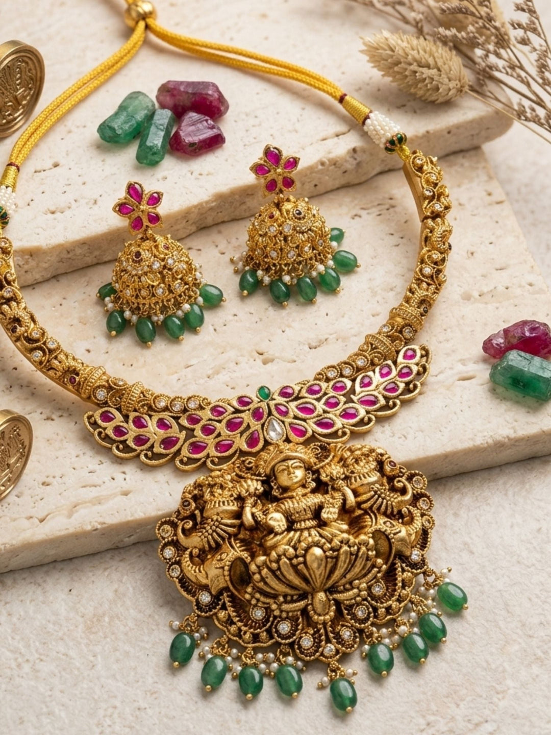 Lakshmi Temple Necklace Set with Antique Gold Finish & Green Drops